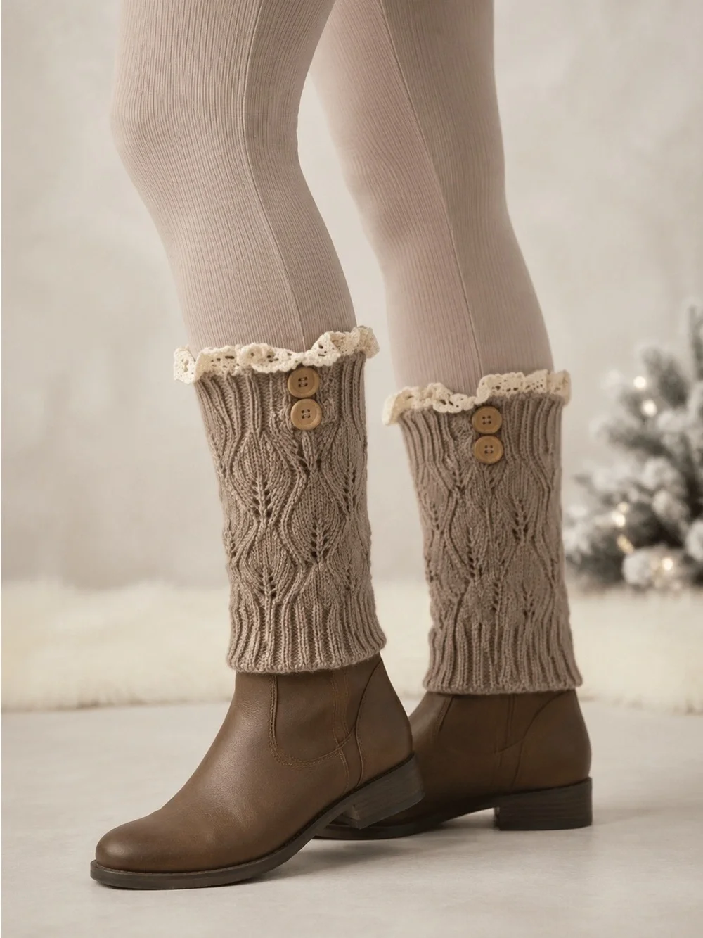 New Women's Khaki Brown Woven Crochet Knitted Sweater Boot Cuff Leg Warmers